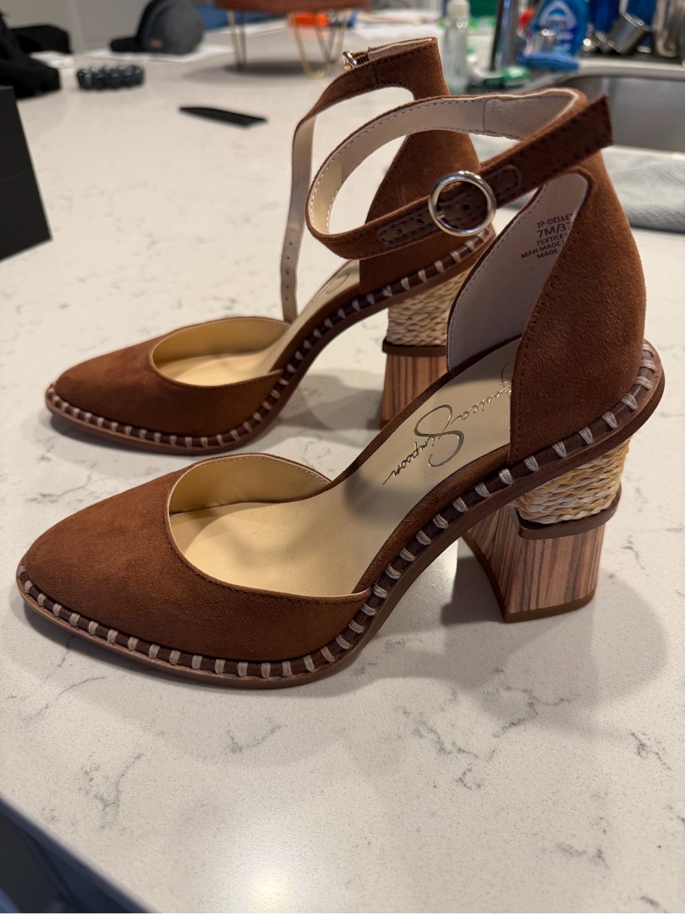 Jessica Simpson Suede Ankle-Strap Block Heels in Cognac - Picture 4 of 4